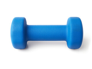A blue dumbbell is placed on a flat surface, emphasizing a focus on fitness and preparation for exercise in a bright indoor space