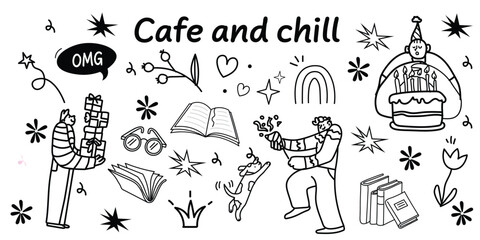 A cozy line art collection of people chilling, dancing, reading, sipping wine, and surrounded by flowers, stars, and dreamy small design elements. Perfect for self-care, relaxation, and lifestyle them