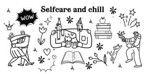 A cozy line art collection of people chilling, dancing, reading, sipping wine, and surrounded by flowers, stars, and dreamy small design elements. Perfect for self-care, relaxation, and lifestyle them
