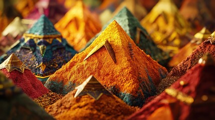 Colorful Spice Pyramids in Vibrant Market Setting