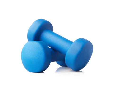 Two blue dumbbells are placed close together on a clean white surface, perfect for exercise routines and strength training
