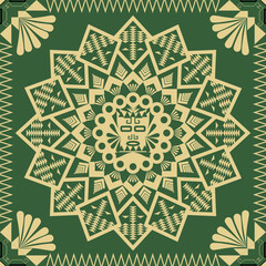 Geometric Mandala Pattern The image displays a complex geometric mandala pattern with a green background and beige designs. The mandala features intricate, symmetrical shapes 