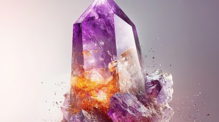A captivating amethyst crystal stands tall, radiating shades of purple, surrounded by smaller rocks, encapsulating the enchanting beauty of natural gemstones.