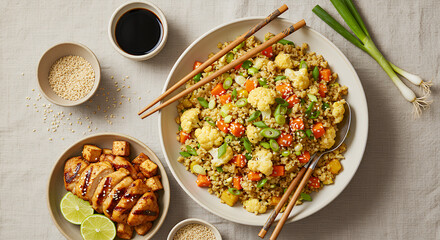 A visually appealing flat lay composition of easy cauliflower fried rice.