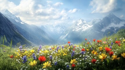 Fototapeta premium dreamy mountain landscape with vibrant wildflowers in the foreground, focus on natural serenity and depth
