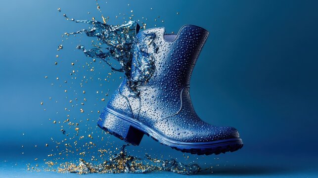 A striking image of a blue rain boot splashing through water, showcasing the dynamic interaction between the elements and the footwear's design, evoking vibrancy.