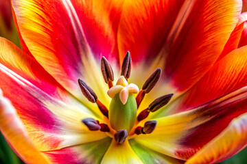 Vibrant Close-Up of a Tulip's Stamen and Petals. Generative AI