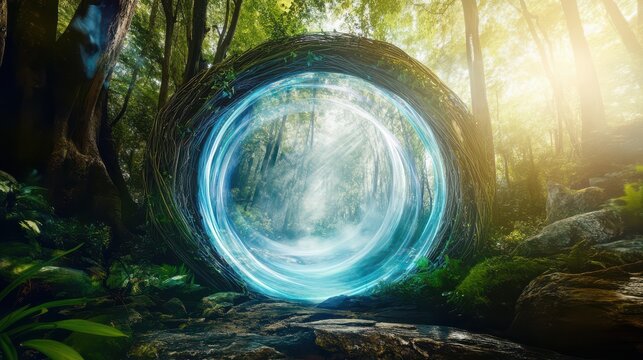An enchanting forest scene featuring a swirling portal made of twigs, inviting viewers to venture into a magical realm illuminated by soft, ethereal light.