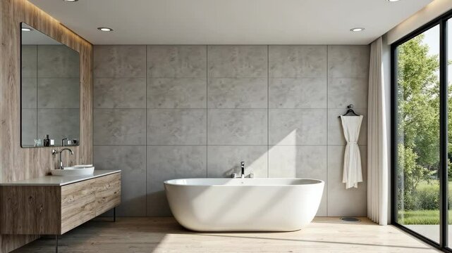 Bathroom with a large white bathtub and a wooden vanity. The bathroom is clean and well-lit, with a large window letting in natural light