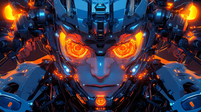 Futuristic robotic face with glowing eyes in advanced mechanical design