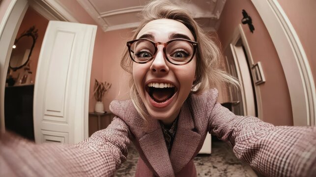 A joyful young woman with glasses eagerly captures a selfie, showcasing her excitement in a warmly decorated room filled with playful vibes and cheerful atmosphere.