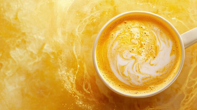 Golden turmeric latte with frothy milk swirls, set on a warm yellow background, highlighting its earthy and healthy essence