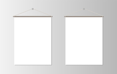 Two hanging white blank mock up on grey gradient background vector design template.