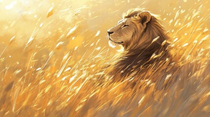 majestic lion resting in tall golden grass under soft sunlight, serene and natural focus, bold and detailed composition, powerful and calming atmosphere