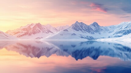 Sunset over snow-capped mountains, serene lake reflecting the sky, peaceful and tranquil winter landscape, nature's beauty