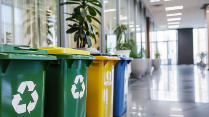 Recycling bins organized in a modern office space promoting sustainability and waste management practices