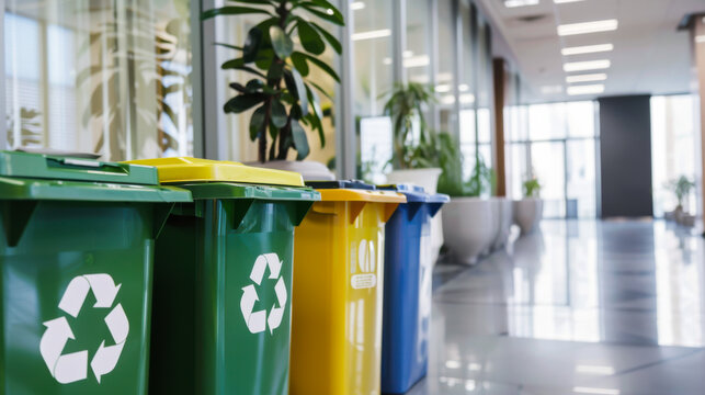 Recycling bins organized in a modern office space promoting sustainability and waste management practices