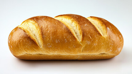 Freshly baked bread loaf with a golden crust displayed against a plain background