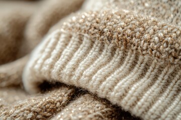 Soft beige knitted fabric with shimmering golden fibers, creating a luxurious and cozy texture, ideal for winter fashion and interior design inspiration.