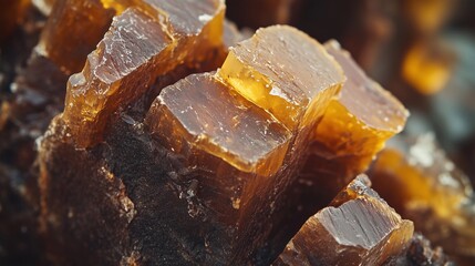 Crystallized propolis resin showcases brilliant golden hues and intricate textures in a detailed close-up shot