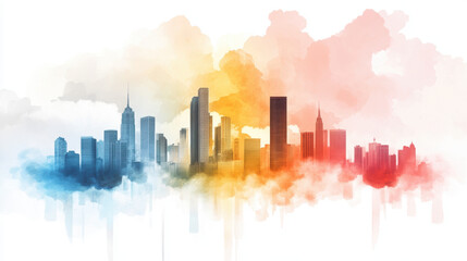 Obraz premium Abstract urban skyline with muted and vibrant interplay of colors, blending watercolor effects with modern architecture, creating dreamy and artistic cityscape