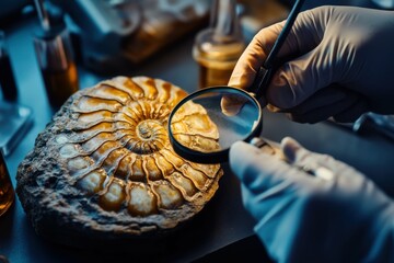 Researcher examining fossilized ammonite under magnifying glass, laboratory setting with scientific tools, precise focus on intricate shell patterns, soft lighting