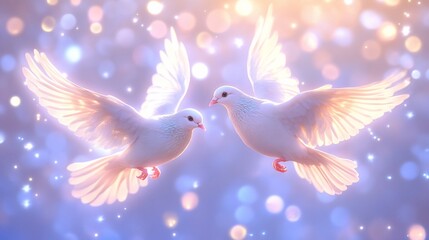 Obraz premium Two white doves in flight, glowing softly against a bokeh background.