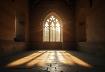 Fototapeta premium Sunlight streaming through a gothic arched window in an empty medieval stone hall casting long shadows on the tiled floor creating a serene and historic atmosphere