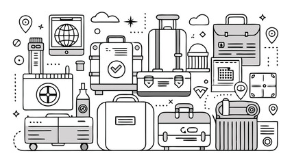 Serene Airport Scene with Colorful Luggage and Airplanes in the Background