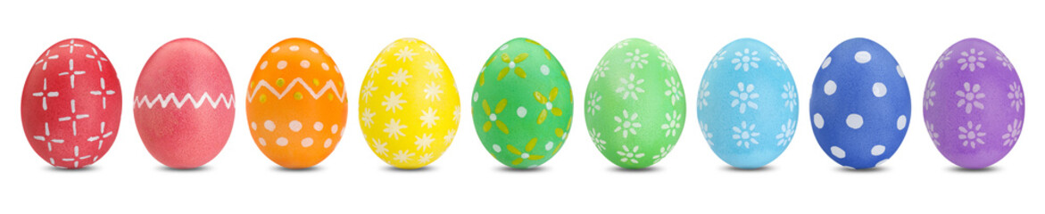 Easter eggs in different colors decorated with patterns isolated on white, set