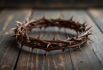 Crown of Thorns Resting on Rustic Wooden Surface Representing Suffering and Sacrifice in Christian Tradition