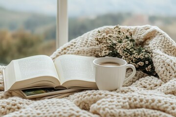 Peaceful morning scene with book, coffee, and soft textures. Comforting ambiance with neutral palette invites rest, mindfulness, and self-care.