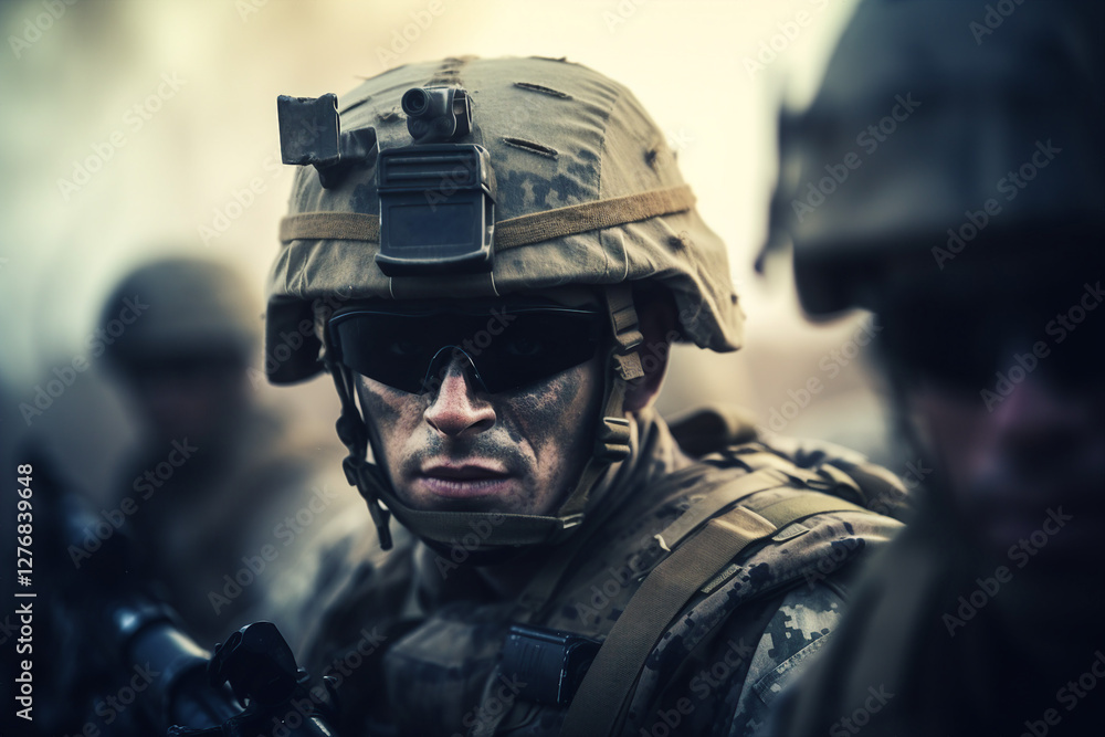 Aufkleber generated with ai close up portrait of a soldier with a weapon during a military operation