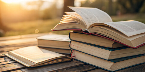 Pile of old books stacked on wooden table near window with natural light for reading