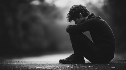 Pensive figure in shadow: curled up posture symbolizing contemplation.