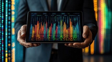 Business professional displaying digital analytics on tablet amidst colorful data visualization background
