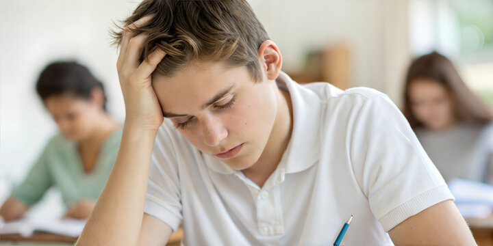 Stressed student holding head while preparing for exam in classroom environment