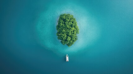 aerial view of tropical island surrounded by clear shallow waters with boats anchored nearby