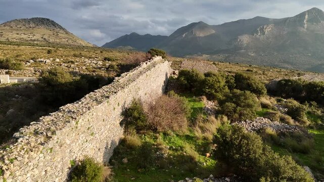 Aerial view of Kelefa Castle and its tower and walls during sunset, Mani, Laconia, Greece.