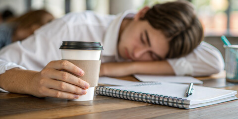 Overworked student resting head on desk with coffee, exhausted from endless studying