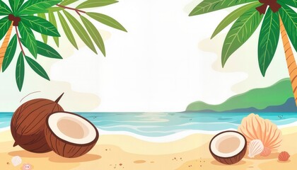 Obraz premium Coconuts and seashells on sandy beach, tropical wedding invitation