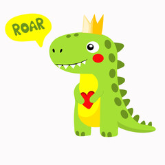 Cute light green dinosaur with crown and heart, vector, children's dinosaur print, children's character