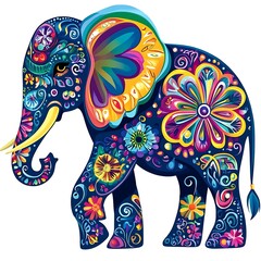 Ornate elephant illustration. Vector. Decorated with colorful flowers. Isolated on a white background