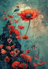 Graceful Flower Arrangement with Bird, Celebrating Love and Nature's Balance in Vivid Colors and Textures