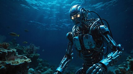 Fototapeta premium A humanoid robot diver exploring the deep ocean, glowing blue lights illuminating the abyss, robotic tentacle arms analyzing ancient underwater ruins, ultra-detailed water physics, cinematic 