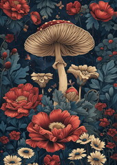 Graceful Flower and Mushroom Composition in Balance, Evoking Love and Nature's Beauty with a Night Sky Background