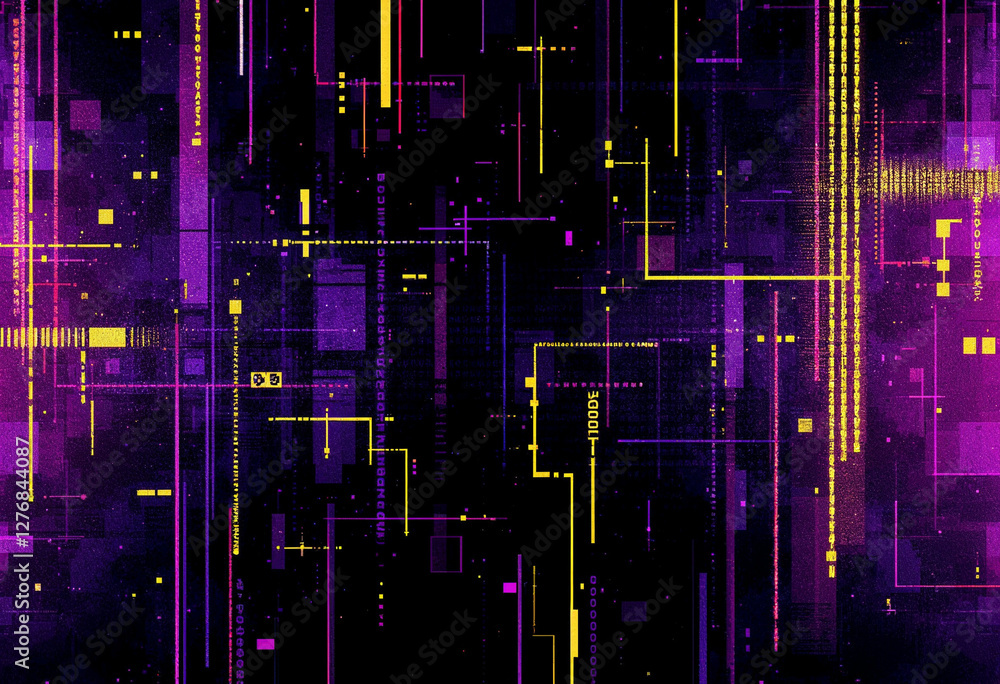 Poster abstract futuristic digital background with glowing purple and yellow lines in a tech circuit board 