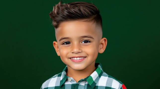 Smiling young boy showing healthy looking directly at the camera with undercut hair. Isolated on a dark green background.
