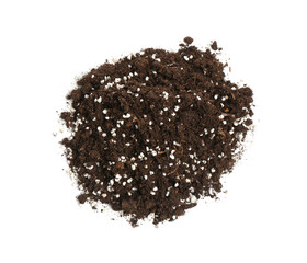 Fresh soil with fertilizer isolated o white, top view