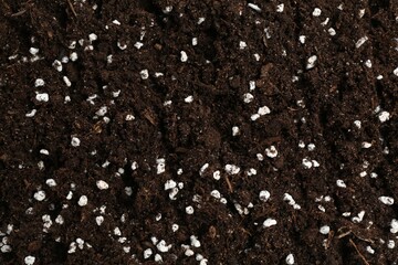 Fresh soil with fertilizer as background, closeup